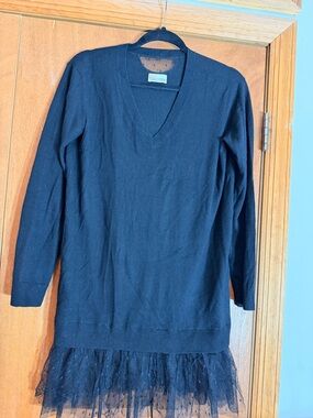 Red Valentino Black V-neck Cashmere Blend Sweater Dress with Tulle Hem